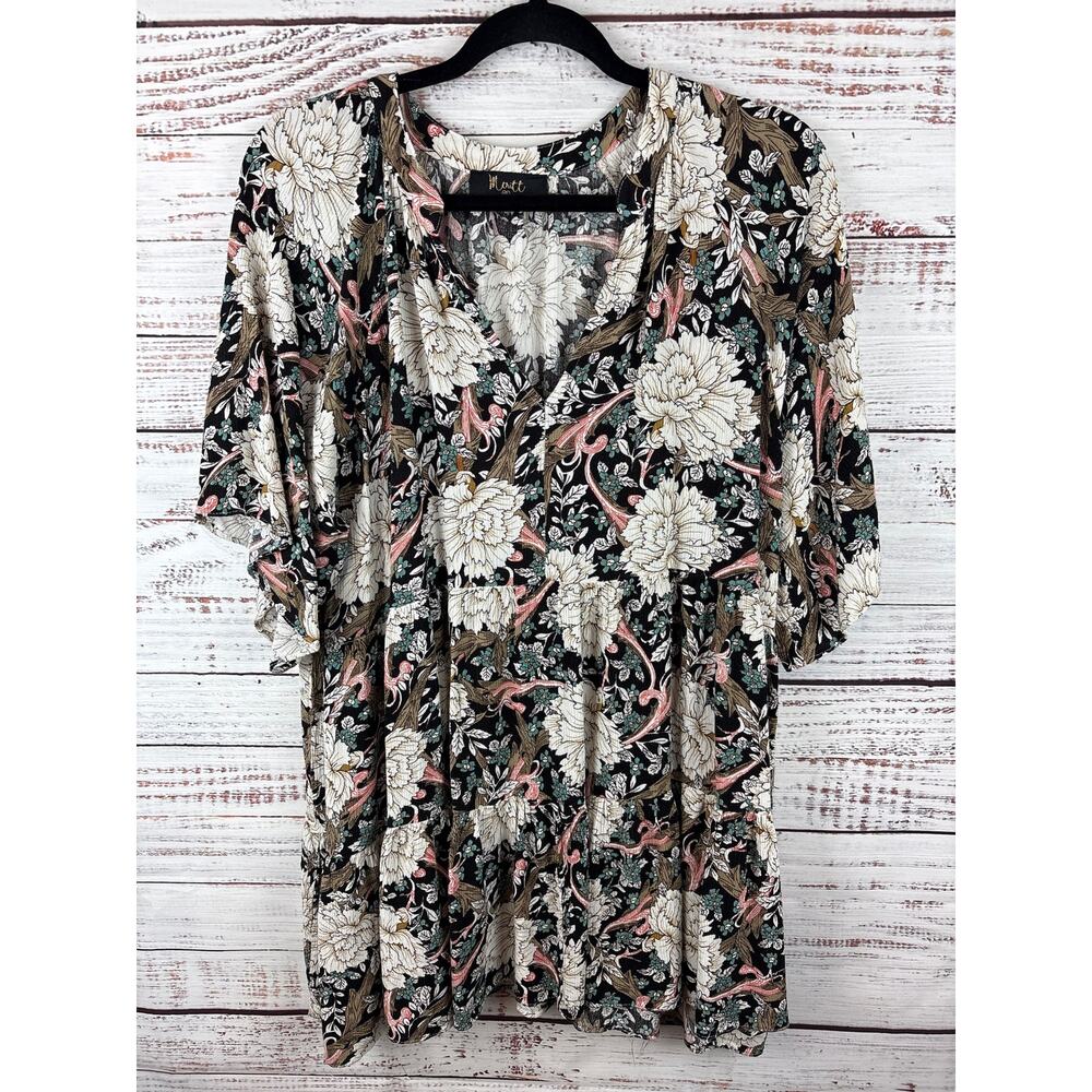 Womens Meritt Black Pink Floral Short Sleeve Tiered Flowy Tunic Top V-Neck Sz 2X